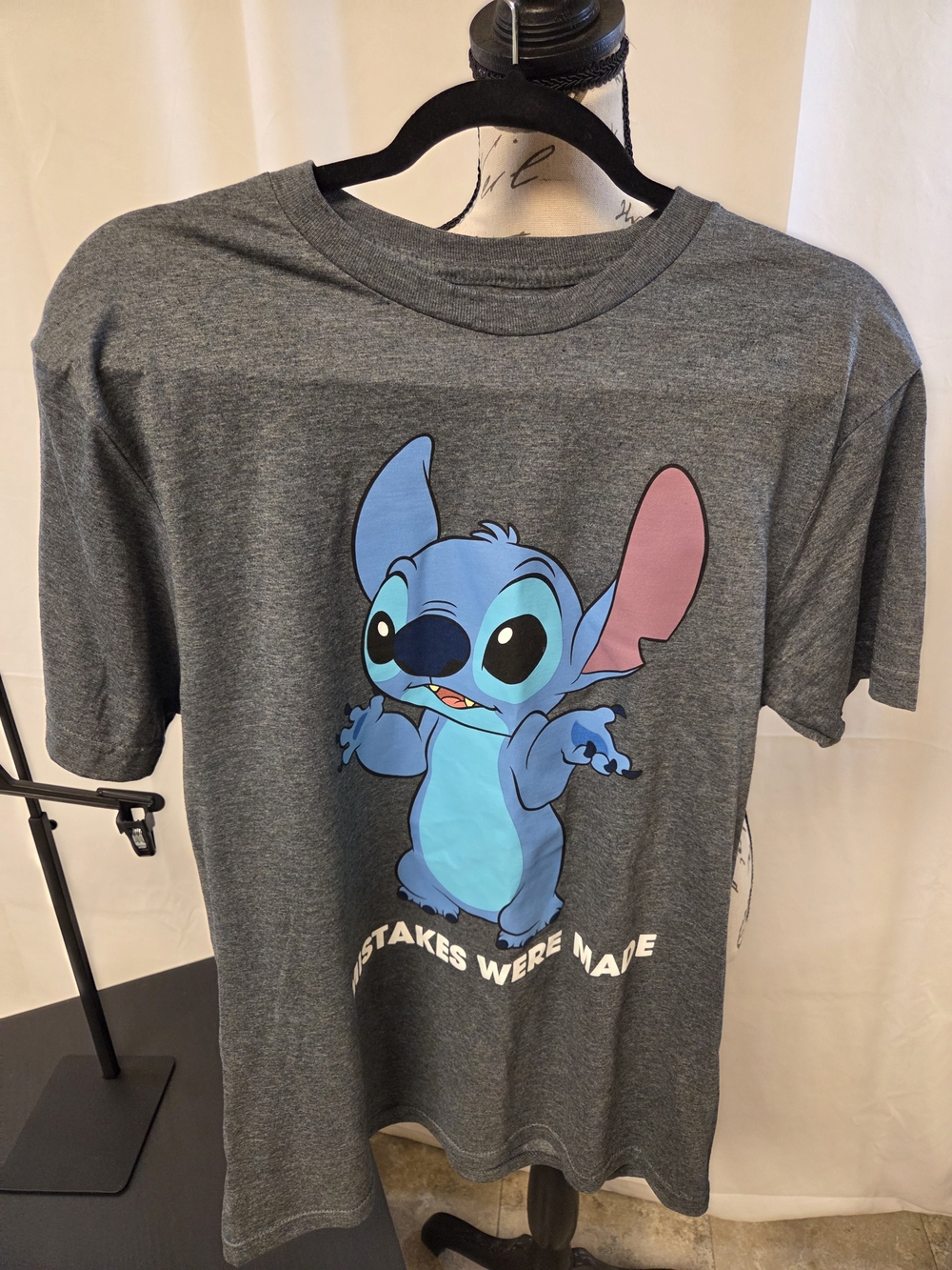 Disney Charcoal Gray Tee with Blue & Pink Stitch Graphic